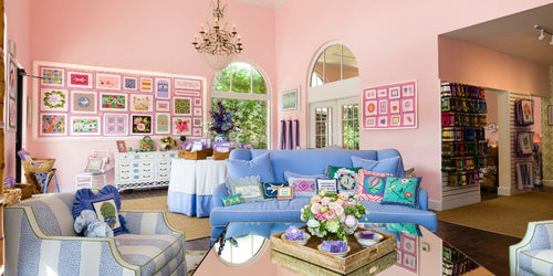 An interior image of Lycette Designs shop in West Palm Beach, with exclusive modern needlepoint kits, threads, and more,