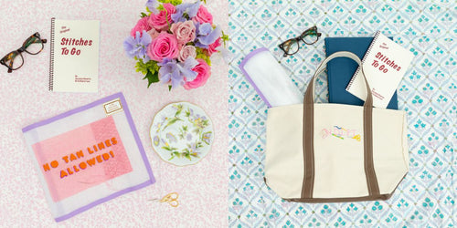 Different needlepoint supplies and needle minders from Lycette Designs are arranged on a table for display.