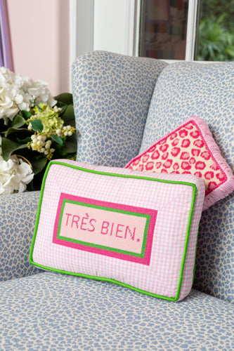 Two cheeky needlepoint pillows placed on a chair.