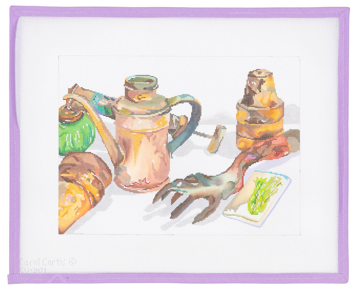 Copper Pitcher & Garden Tools Needlepoint Canvas from Lycette Designs