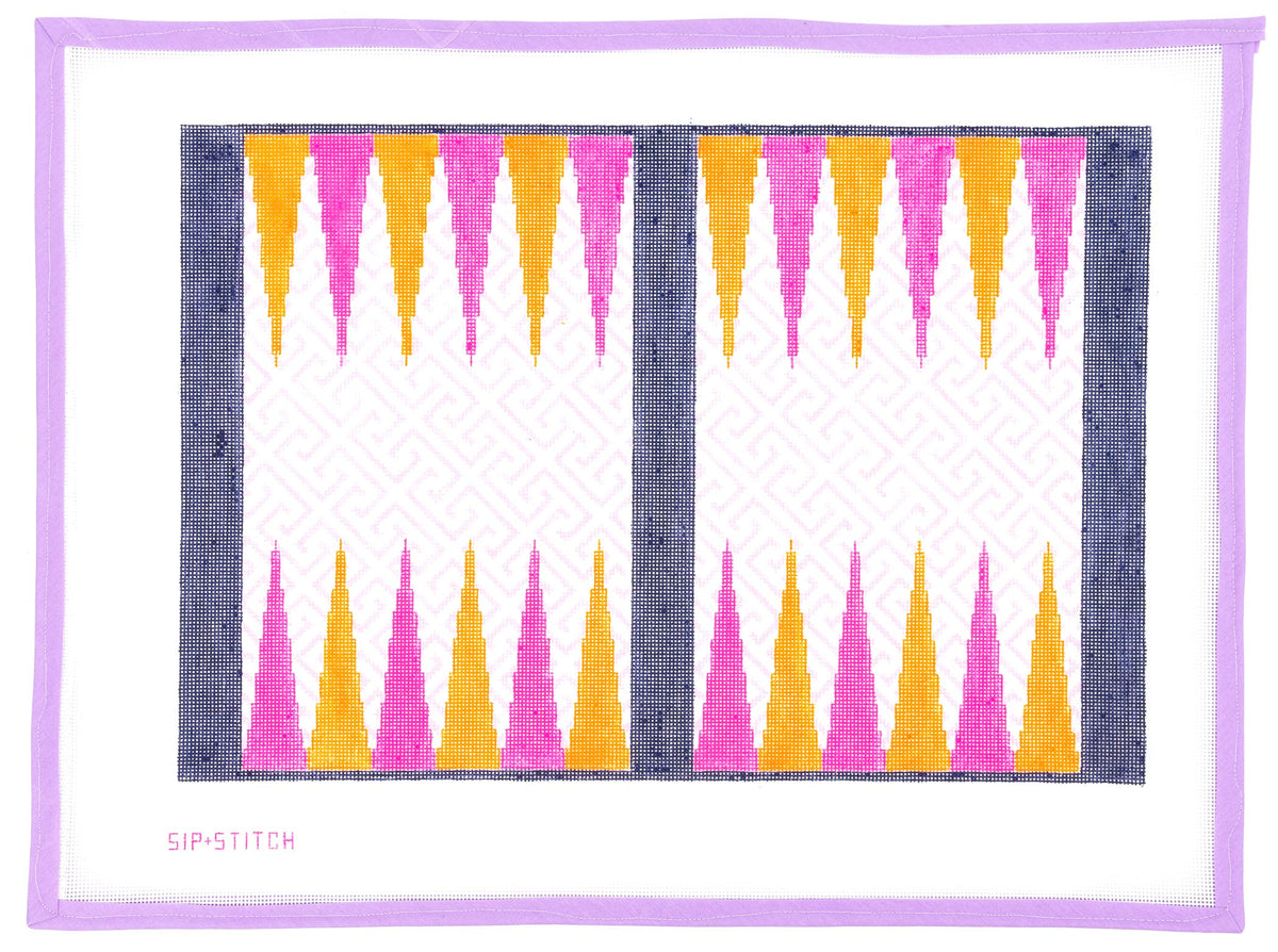 Orange, Pink, & Navy Backgammon Board Needlepoint Canvas from Lycette